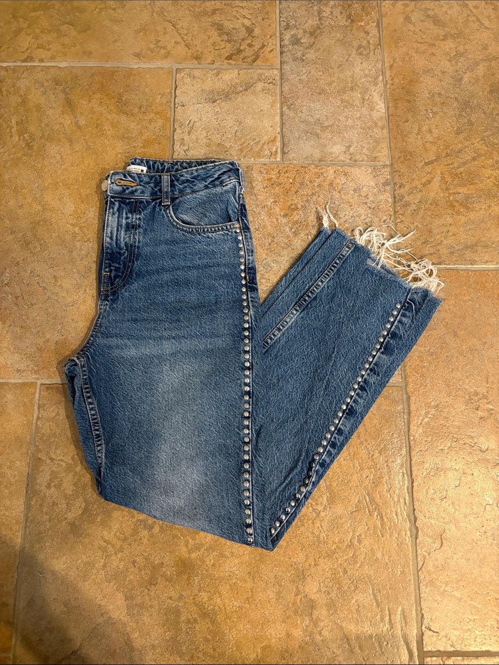 Zara Blue Studded Frayed Hem Jeans